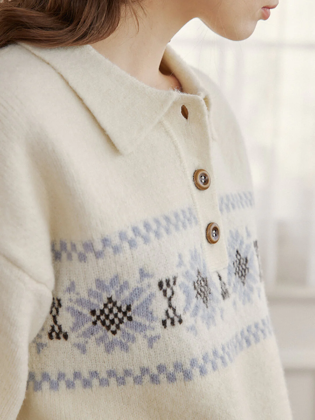 Snowflake Jacquard Polo Fair Isle Knit Sweater