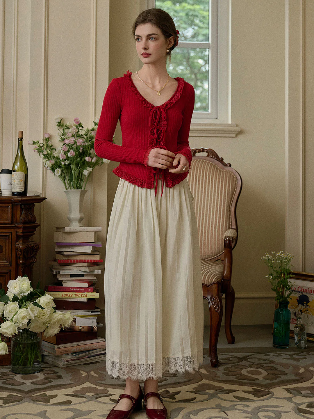 U-neck Bow Lace Patchwork Knitted Cardigan