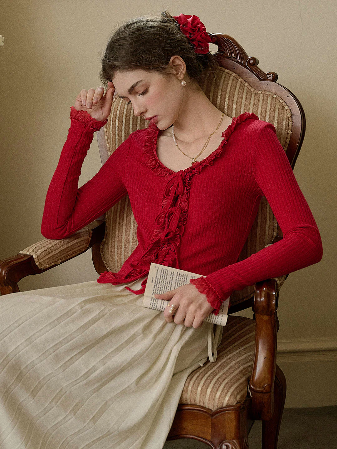 U-neck Bow Lace Patchwork Knitted Cardigan