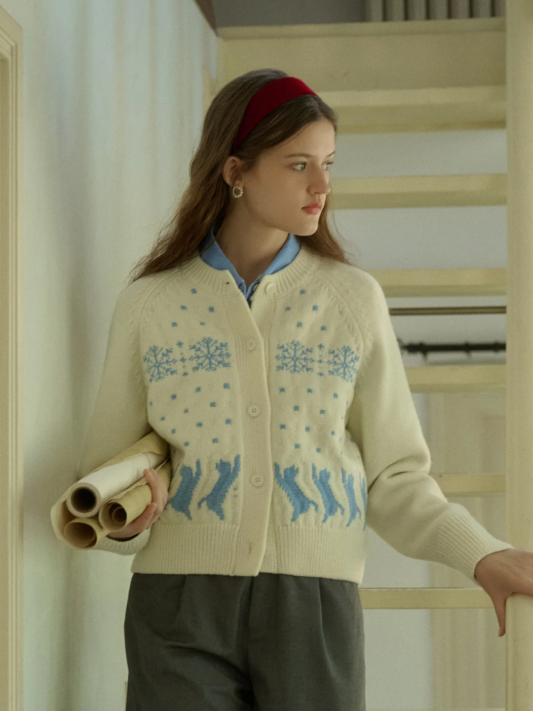 Classic Crew Neck Cat Snowflake Contrast Cardigan