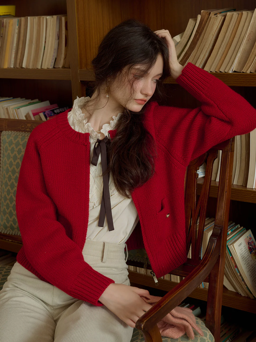 Classic Ribbed Crew Neck Pocket 100% Wool Cardigan-Pink