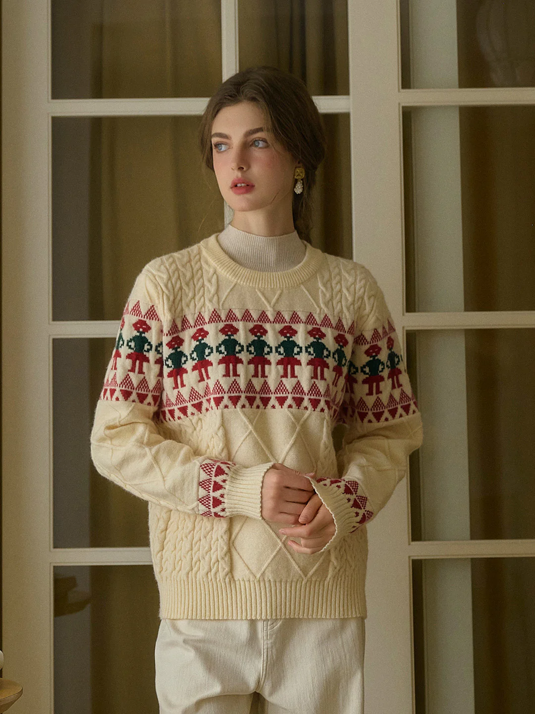 Fair Isle Ribbed Round Neck Christmas Pattern Knit Sweater