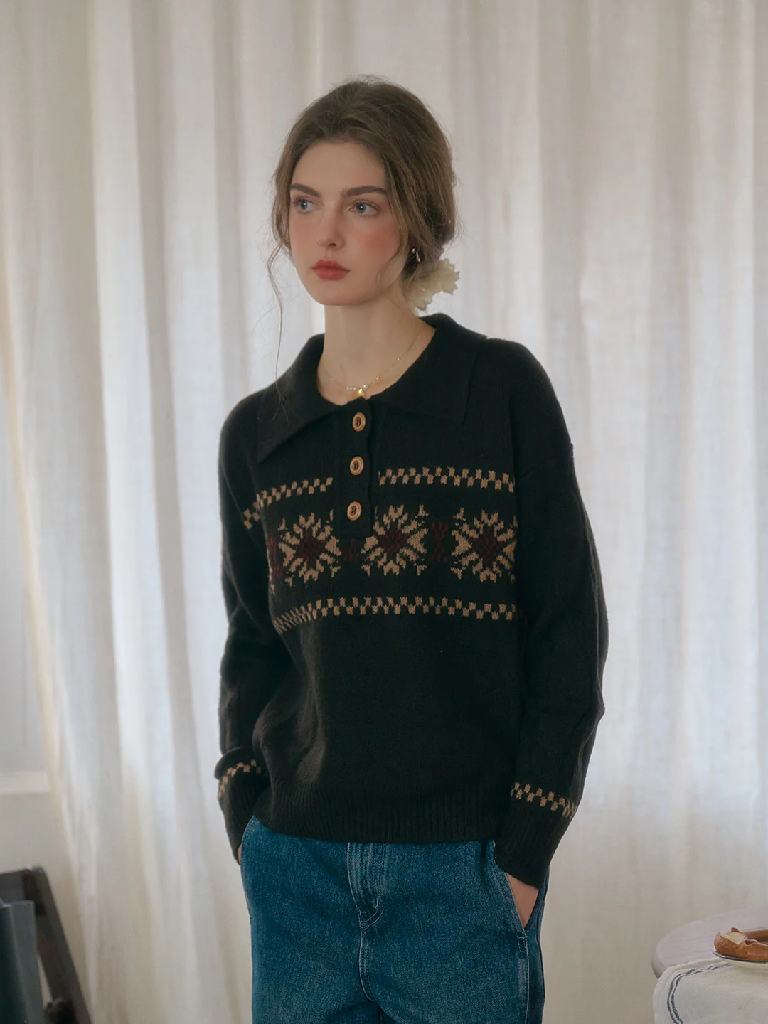 Snowflake Jacquard Polo Fair Isle Knit Sweater