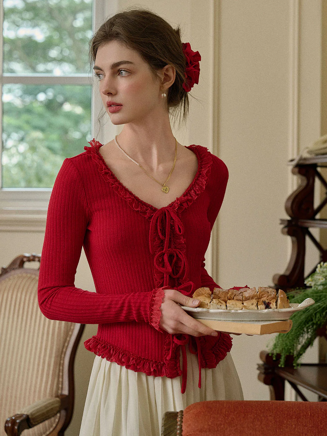 U-neck Bow Lace Patchwork Knitted Cardigan