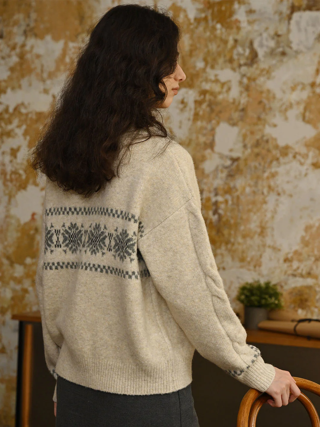 Snowflake Jacquard Polo Fair Isle Knit Sweater