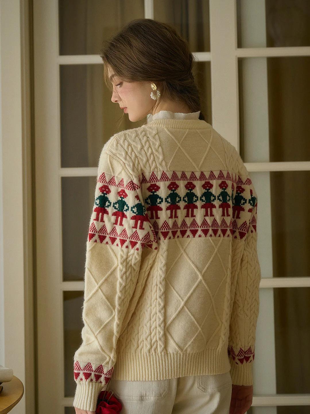 Fair Isle Ribbed Round Neck Christmas Pattern Knit Sweater