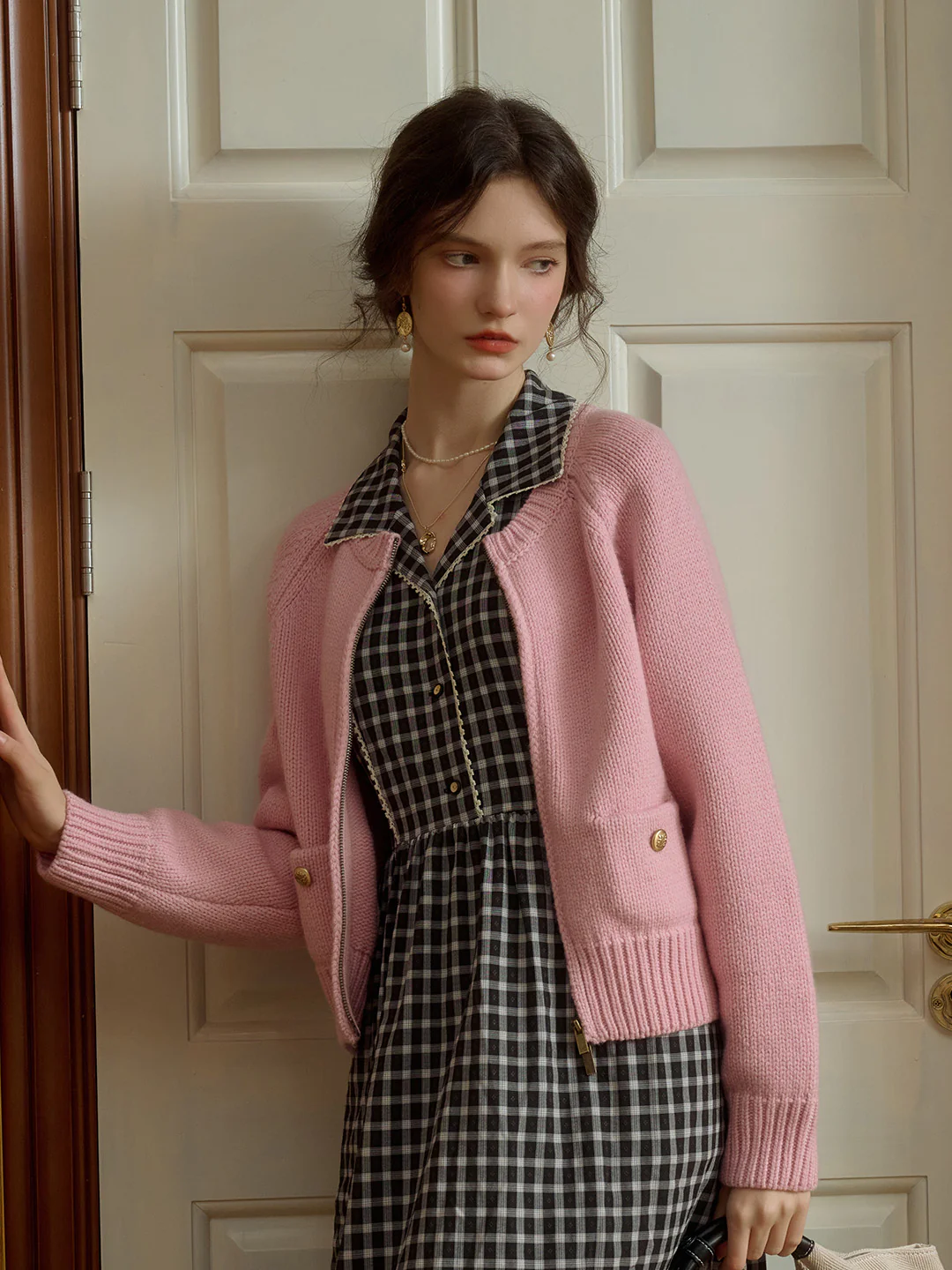 Classic Ribbed Crew Neck Pocket 100% Wool Cardigan-Pink