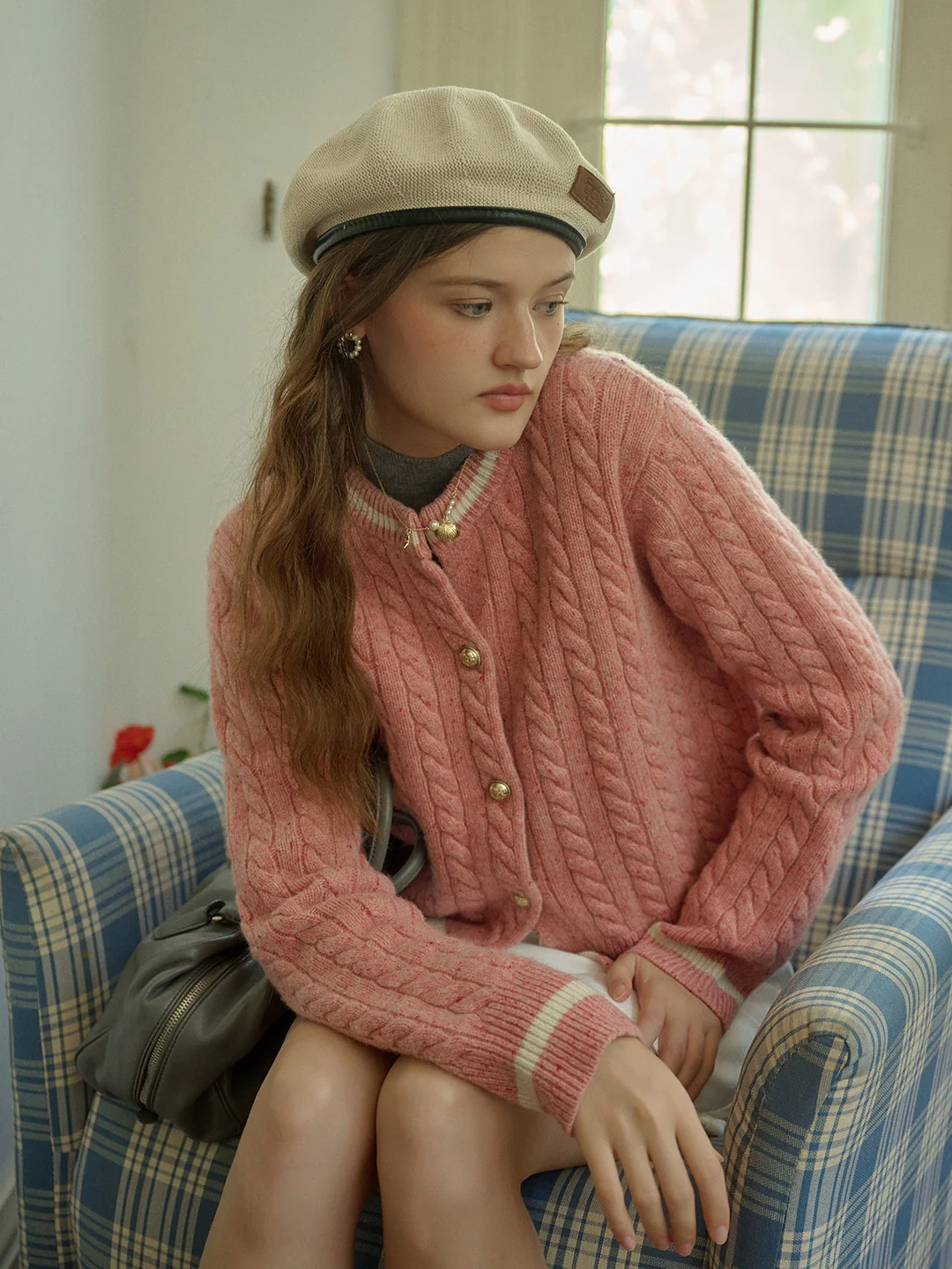 Logo Embroidery Crew Neck Contrast Striped 100% Wool Cardigan