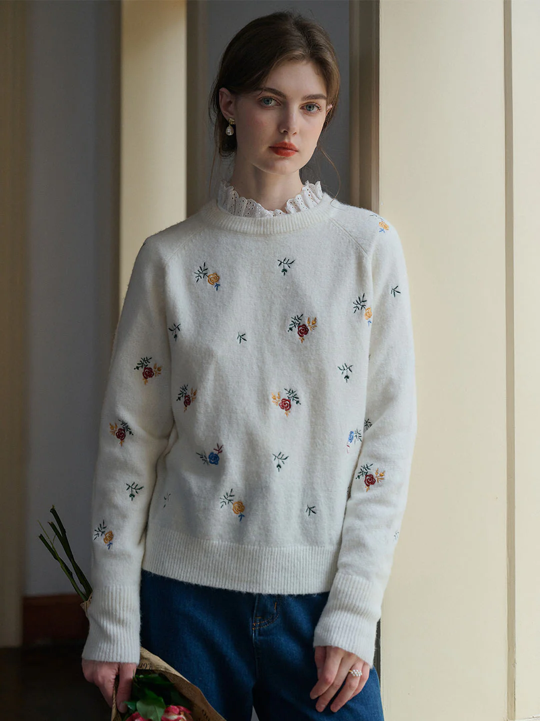 Floral Embroidery Raglan Sleeve Sweater