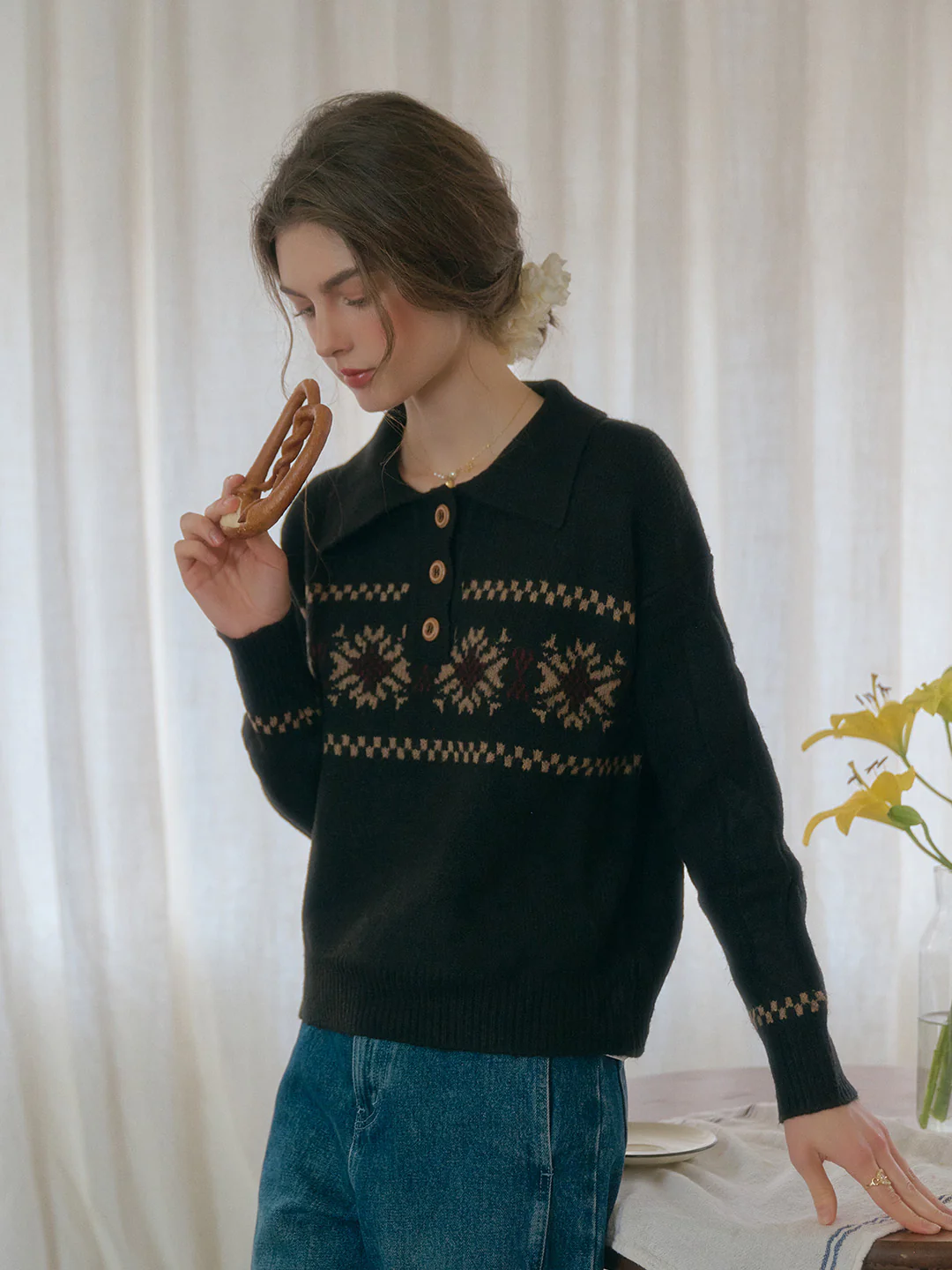 Snowflake Jacquard Polo Fair Isle Knit Sweater