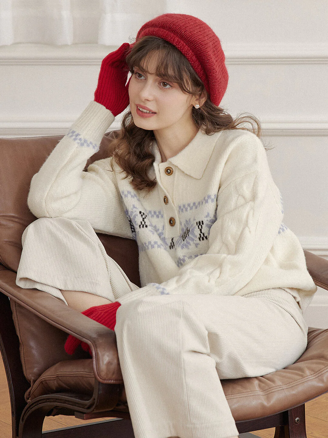 Snowflake Jacquard Polo Fair Isle Knit Sweater