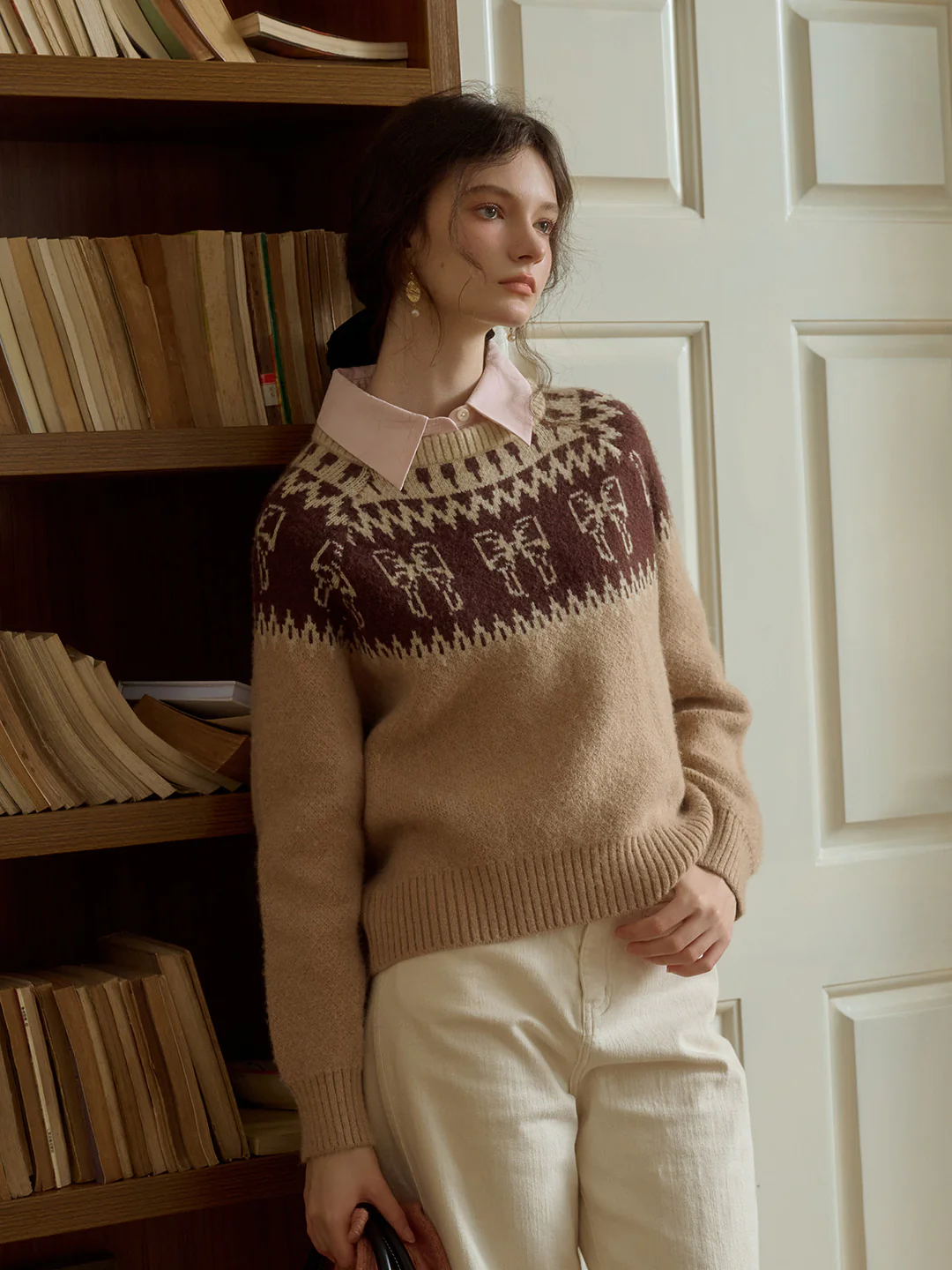 Sweet Bow Jacquard Classic Crew Neck Fair Isle Sweater