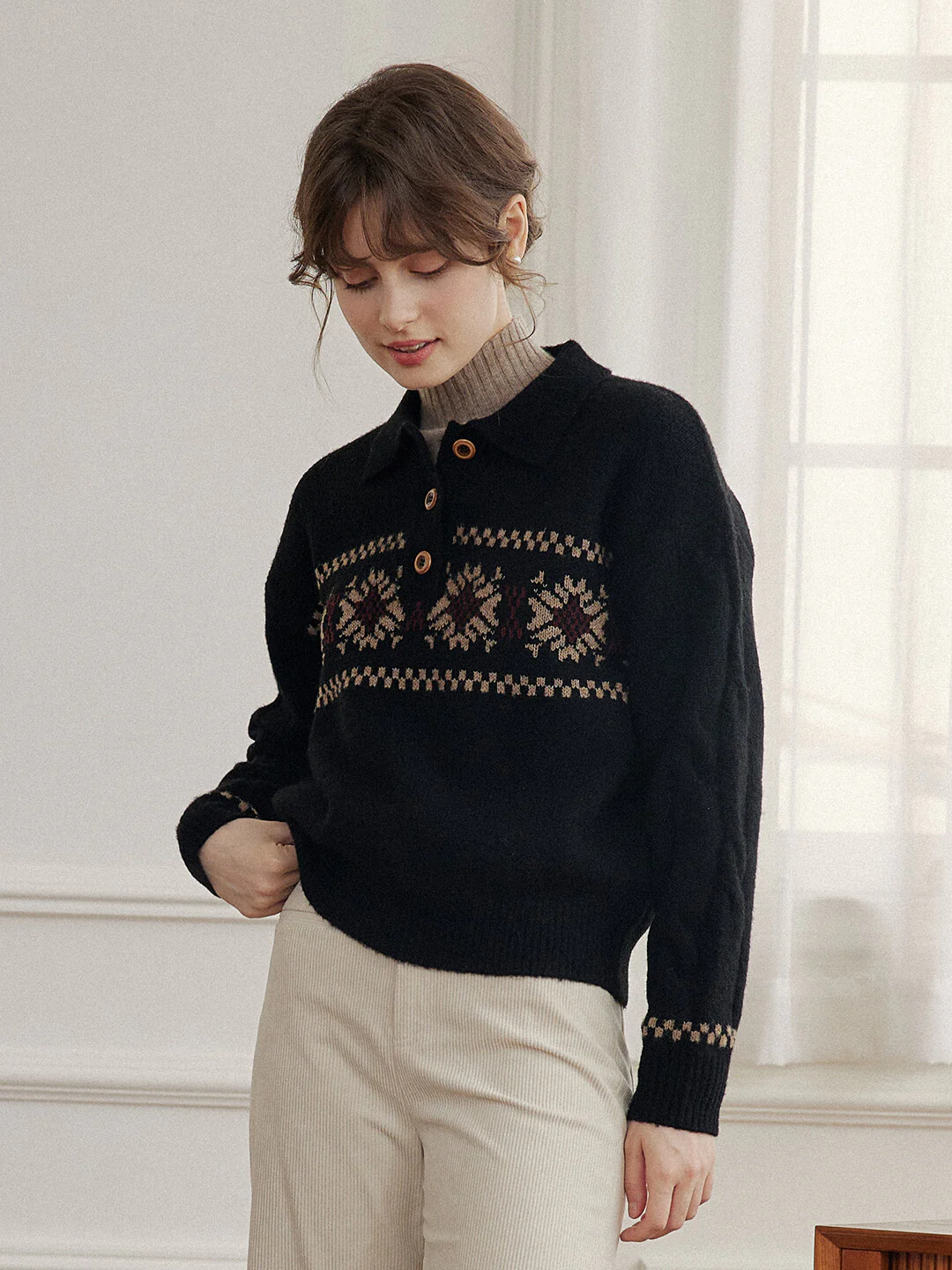 Snowflake Jacquard Polo Fair Isle Knit Sweater