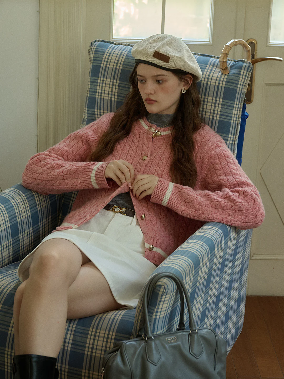 Logo Embroidery Crew Neck Contrast Striped 100% Wool Cardigan