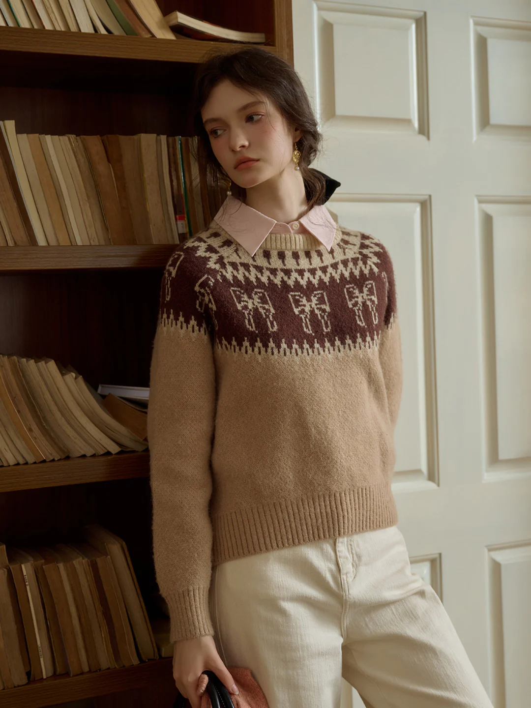 Sweet Bow Jacquard Classic Crew Neck Fair Isle Sweater