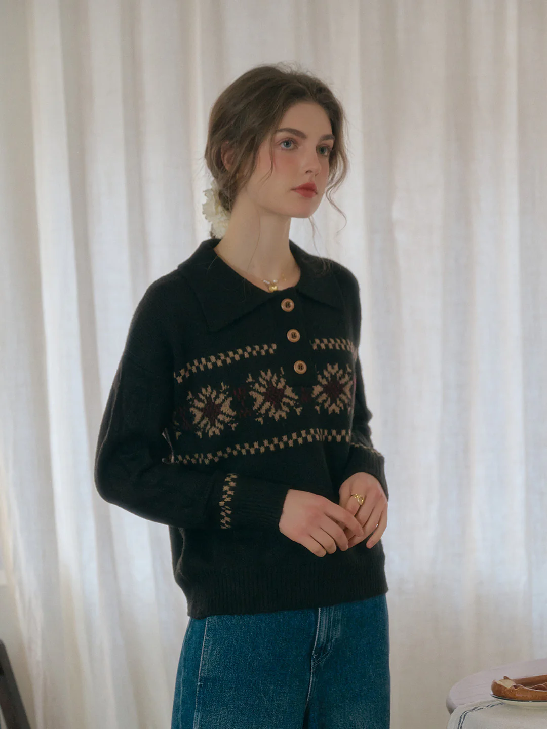 Snowflake Jacquard Polo Fair Isle Knit Sweater