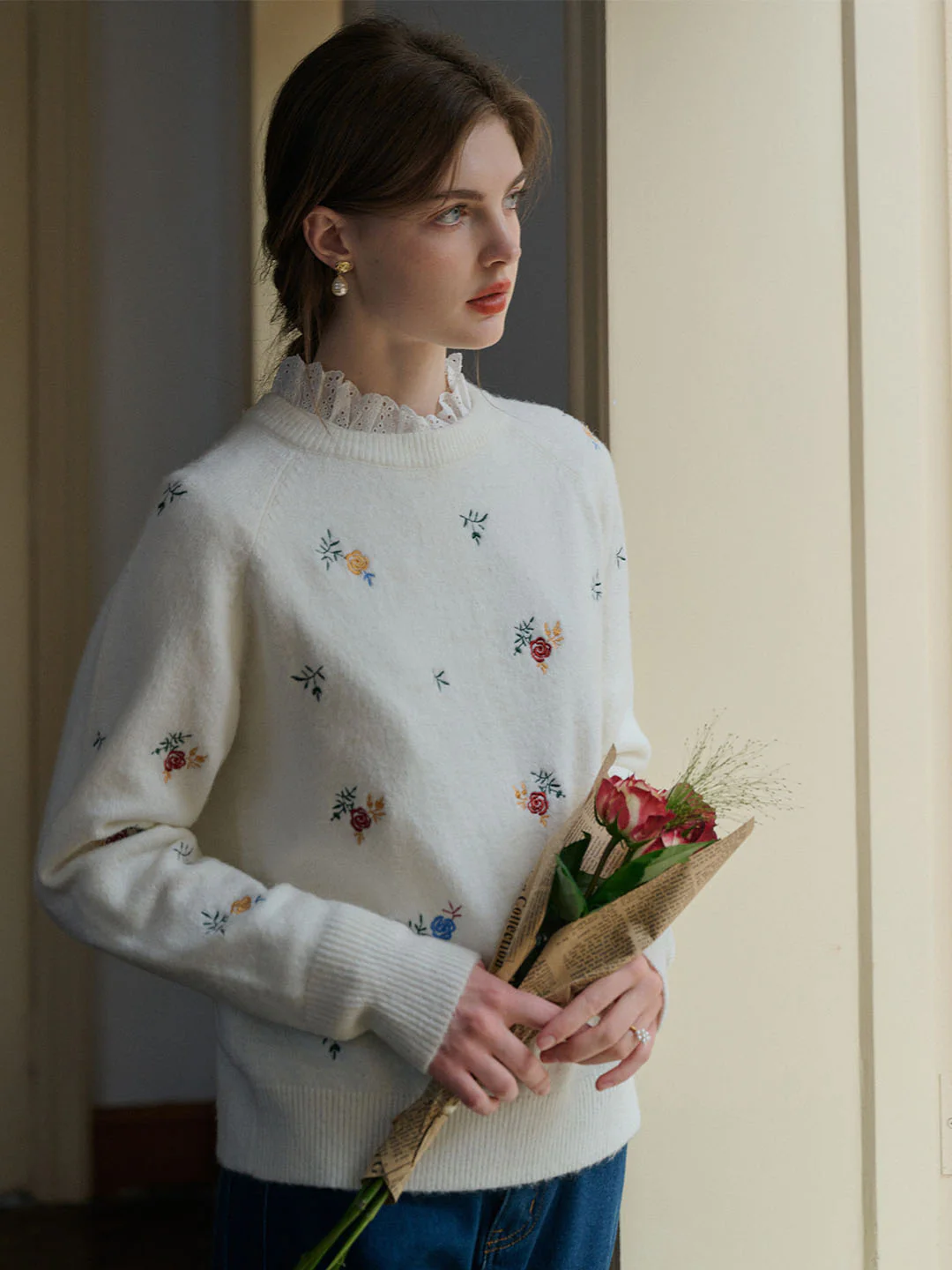 Floral Embroidery Raglan Sleeve Sweater