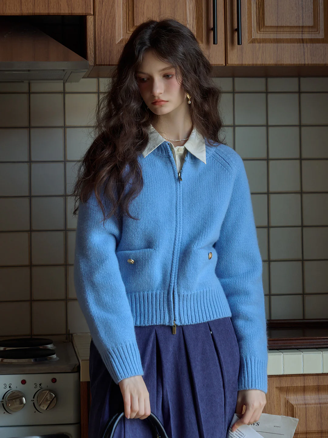 Classic Ribbed Crew Neck Pocket 100% Wool Cardigan-Pink