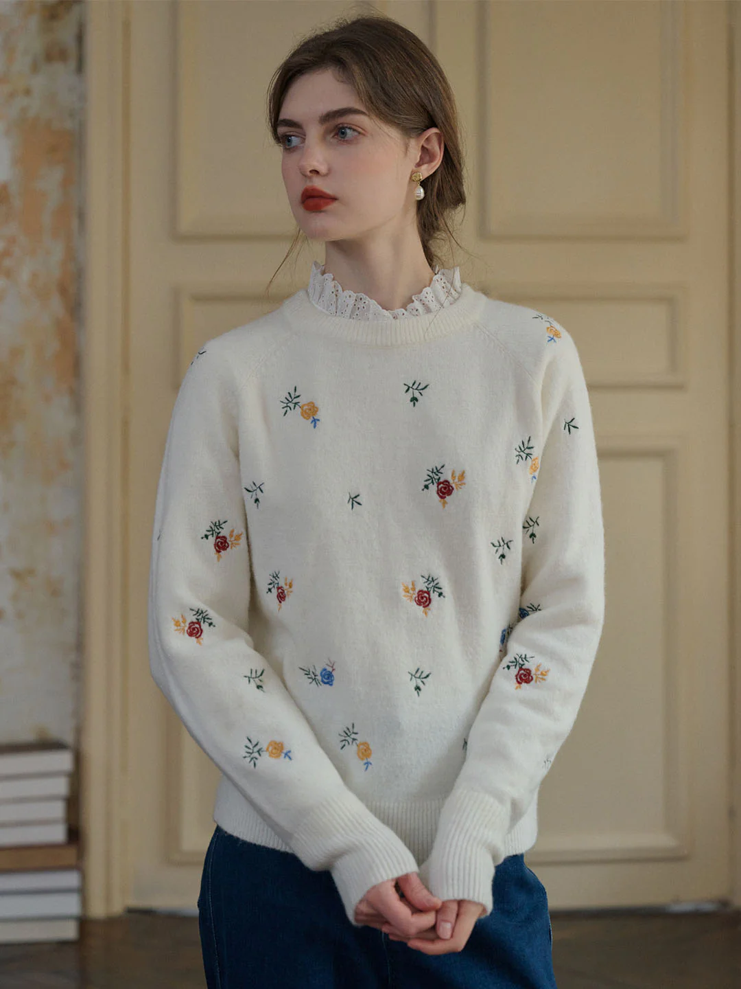 Floral Embroidery Raglan Sleeve Sweater