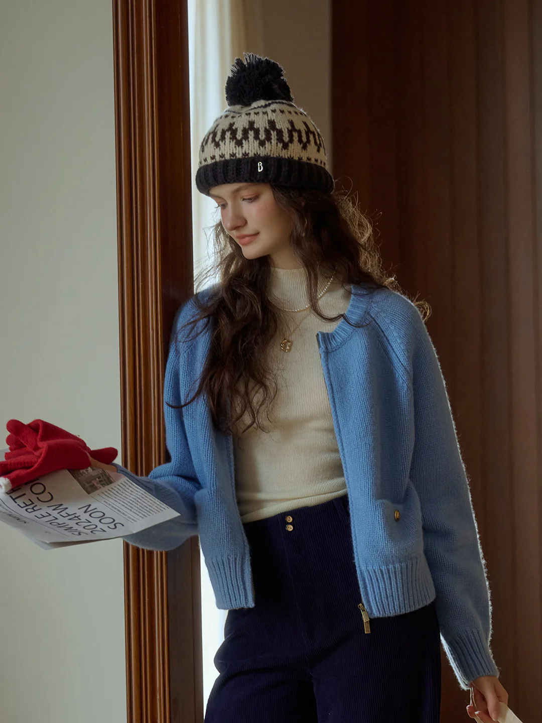 Classic Ribbed Crew Neck Pocket 100% Wool Cardigan-Pink