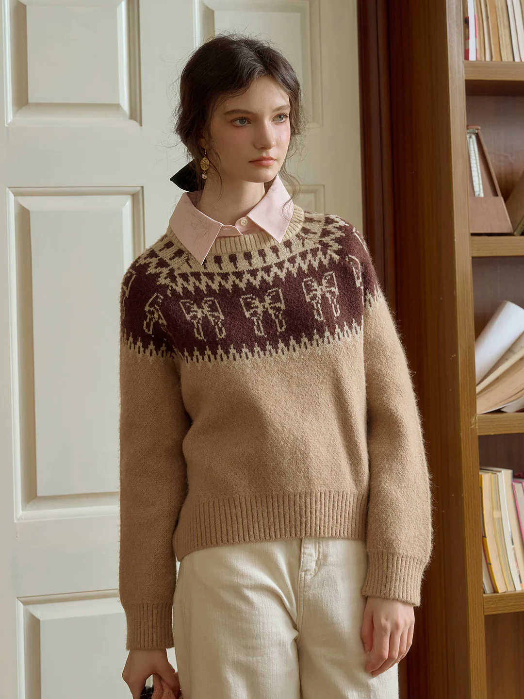 Sweet Bow Jacquard Classic Crew Neck Fair Isle Sweater