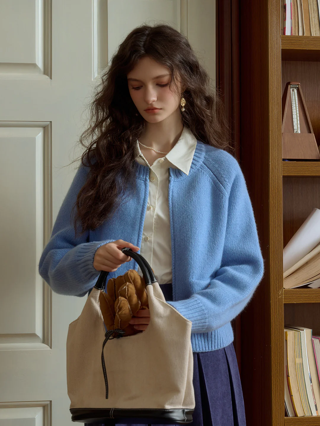 Classic Ribbed Crew Neck Pocket 100% Wool Cardigan-Pink