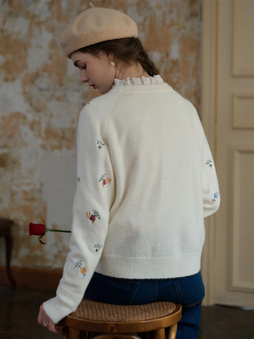 Floral Embroidery Raglan Sleeve Sweater