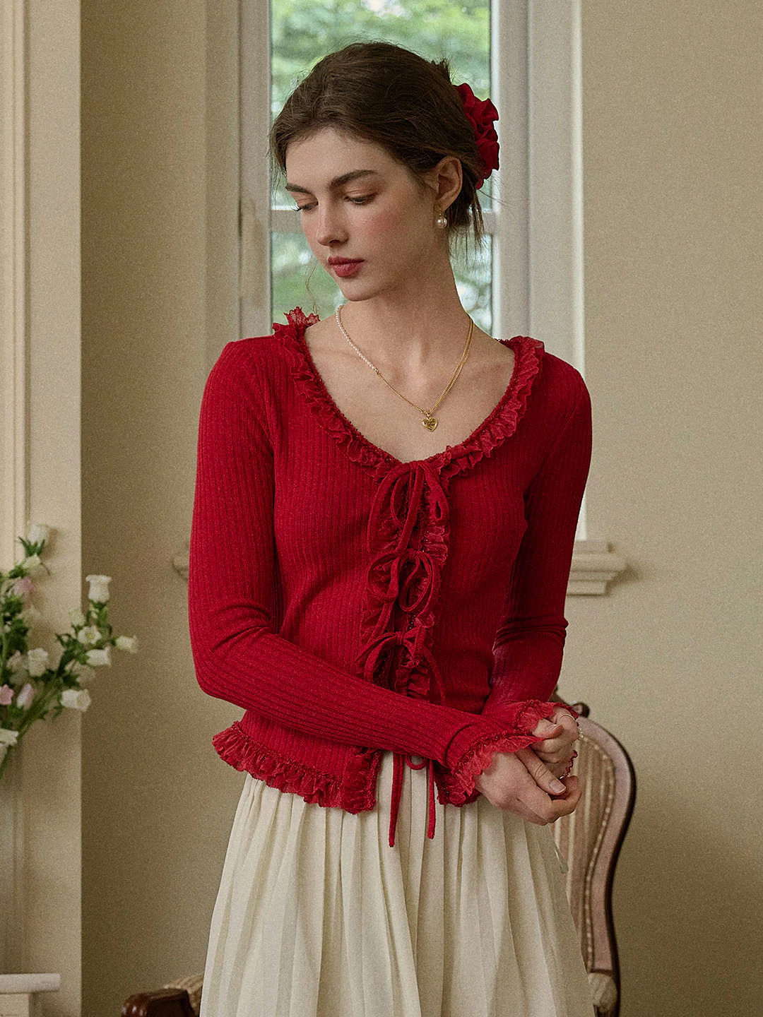 U-neck Bow Lace Patchwork Knitted Cardigan