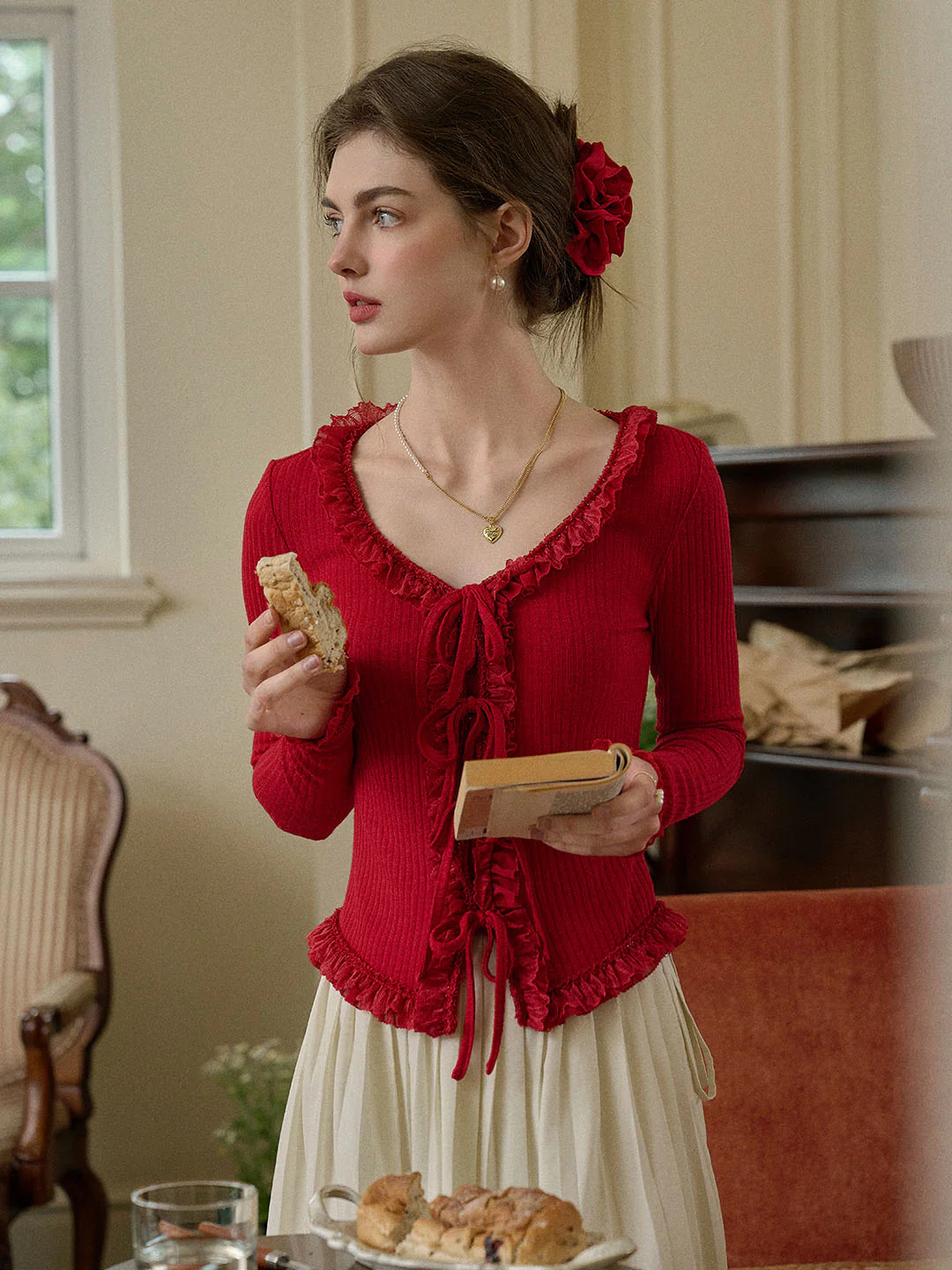 U-neck Bow Lace Patchwork Knitted Cardigan