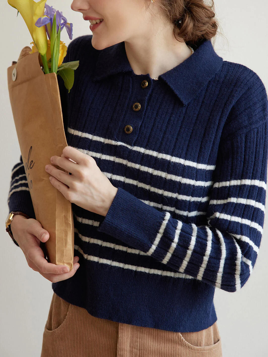 Striped Blue Polo Knit Top