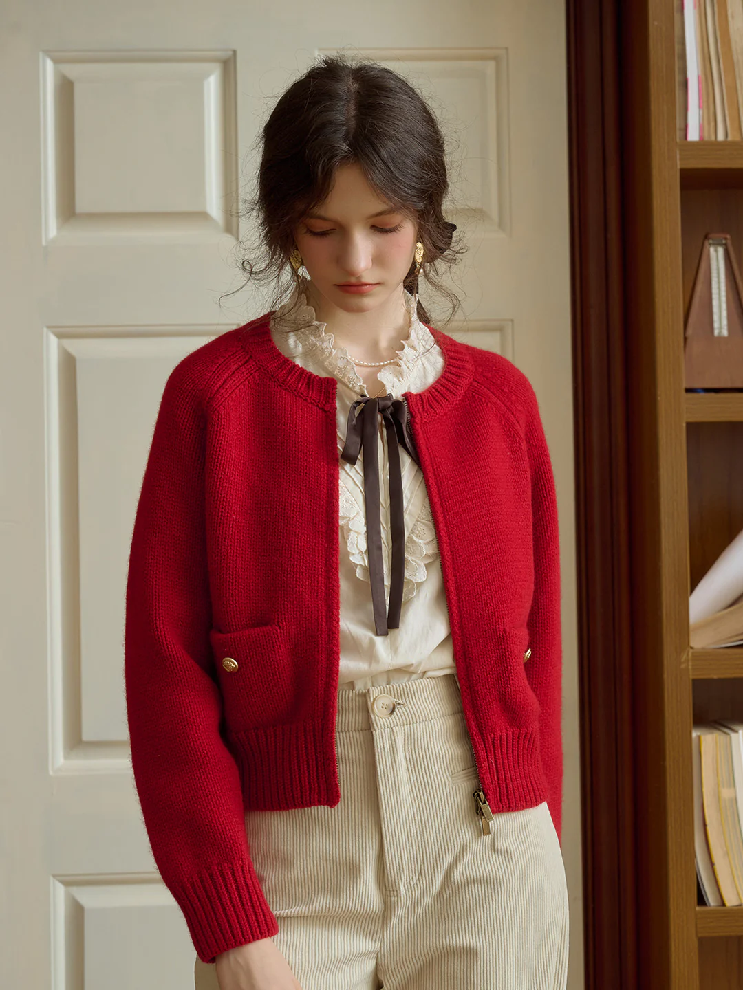 Classic Ribbed Crew Neck Pocket 100% Wool Cardigan-Pink