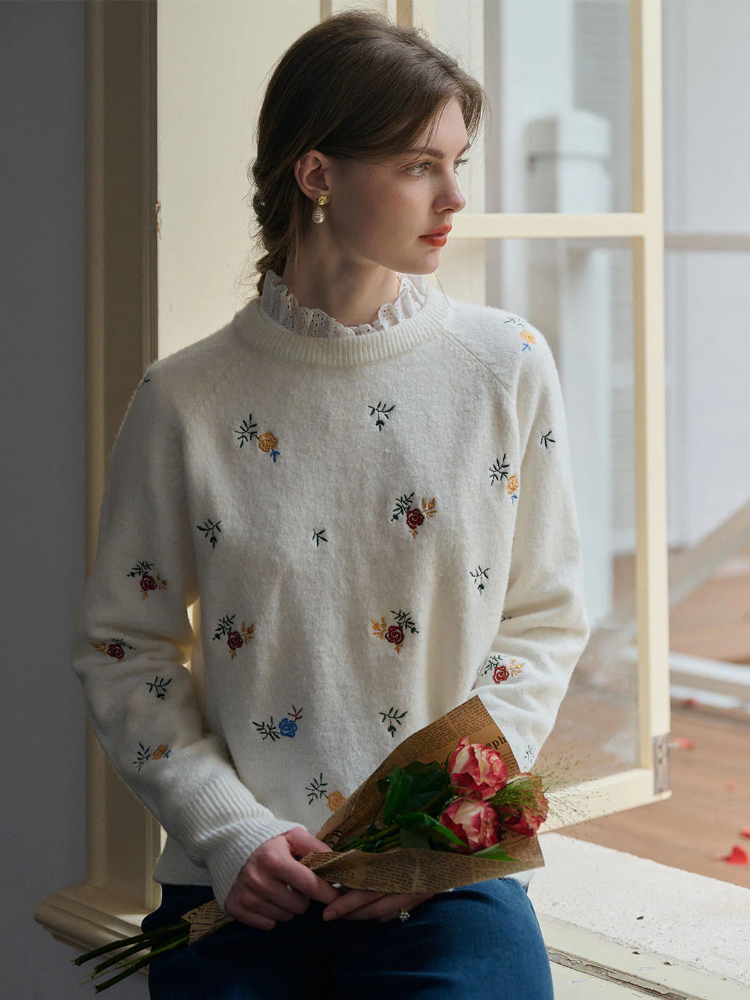 Floral Embroidery Raglan Sleeve Sweater