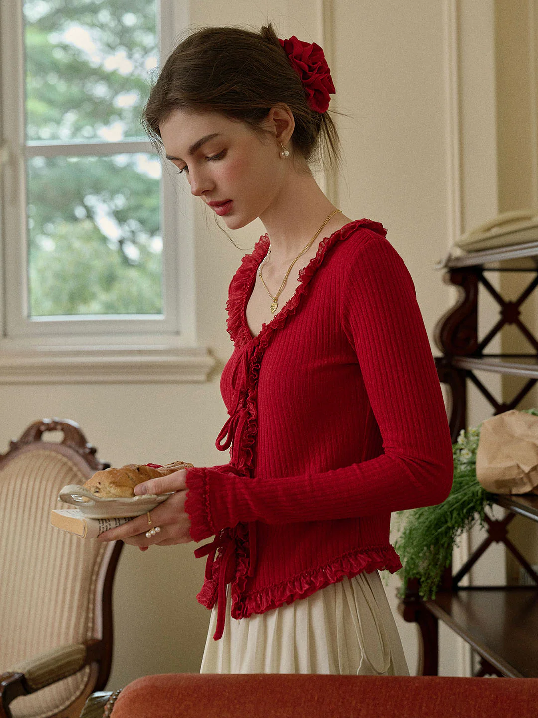 U-neck Bow Lace Patchwork Knitted Cardigan