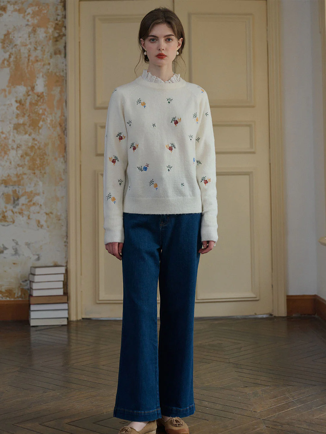 Floral Embroidery Raglan Sleeve Sweater