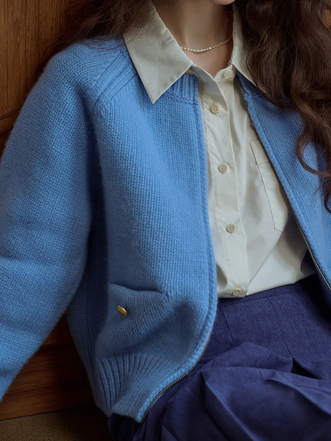 Classic Ribbed Crew Neck Pocket 100% Wool Cardigan-Pink