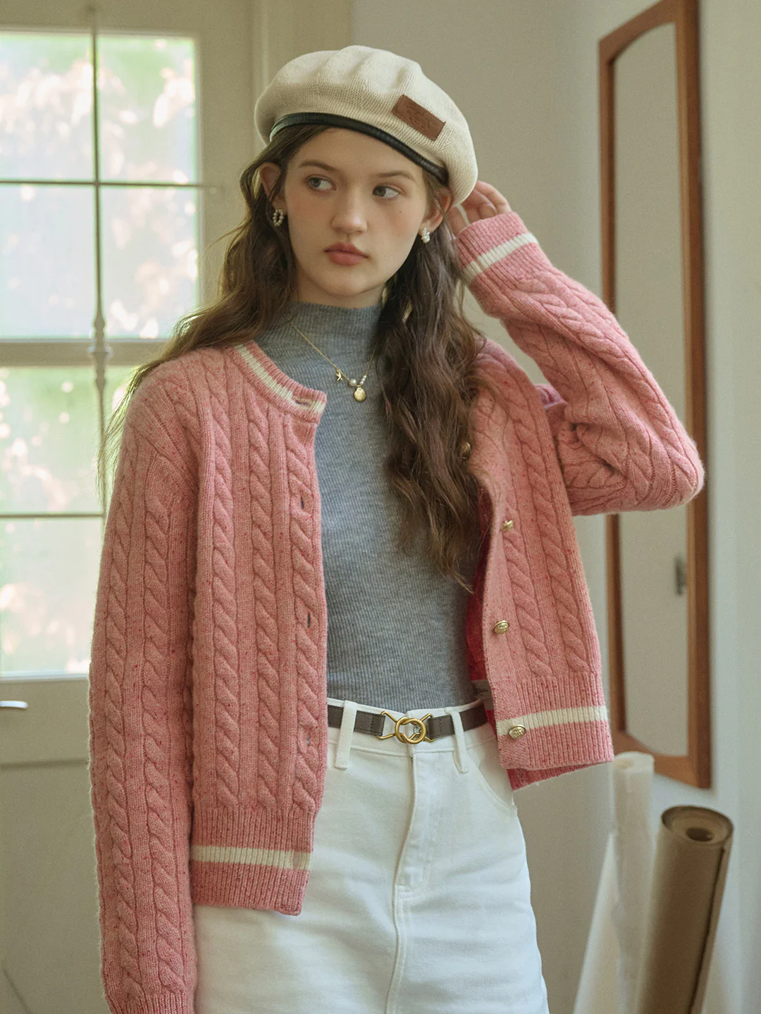 Logo Embroidery Crew Neck Contrast Striped 100% Wool Cardigan