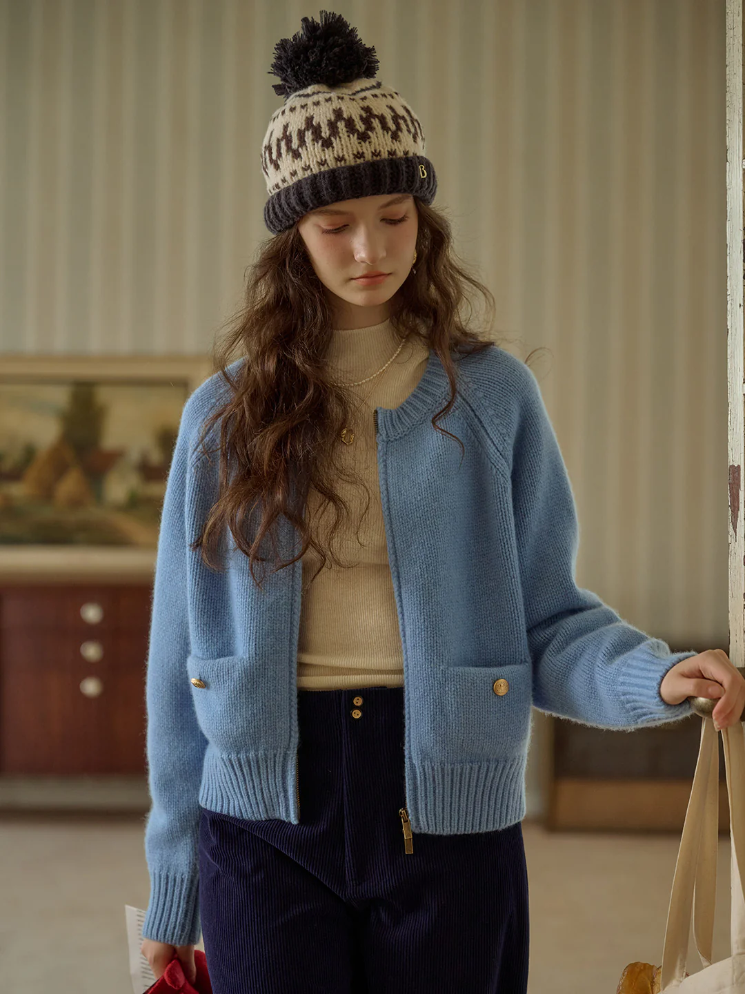 Classic Ribbed Crew Neck Pocket 100% Wool Cardigan-Pink