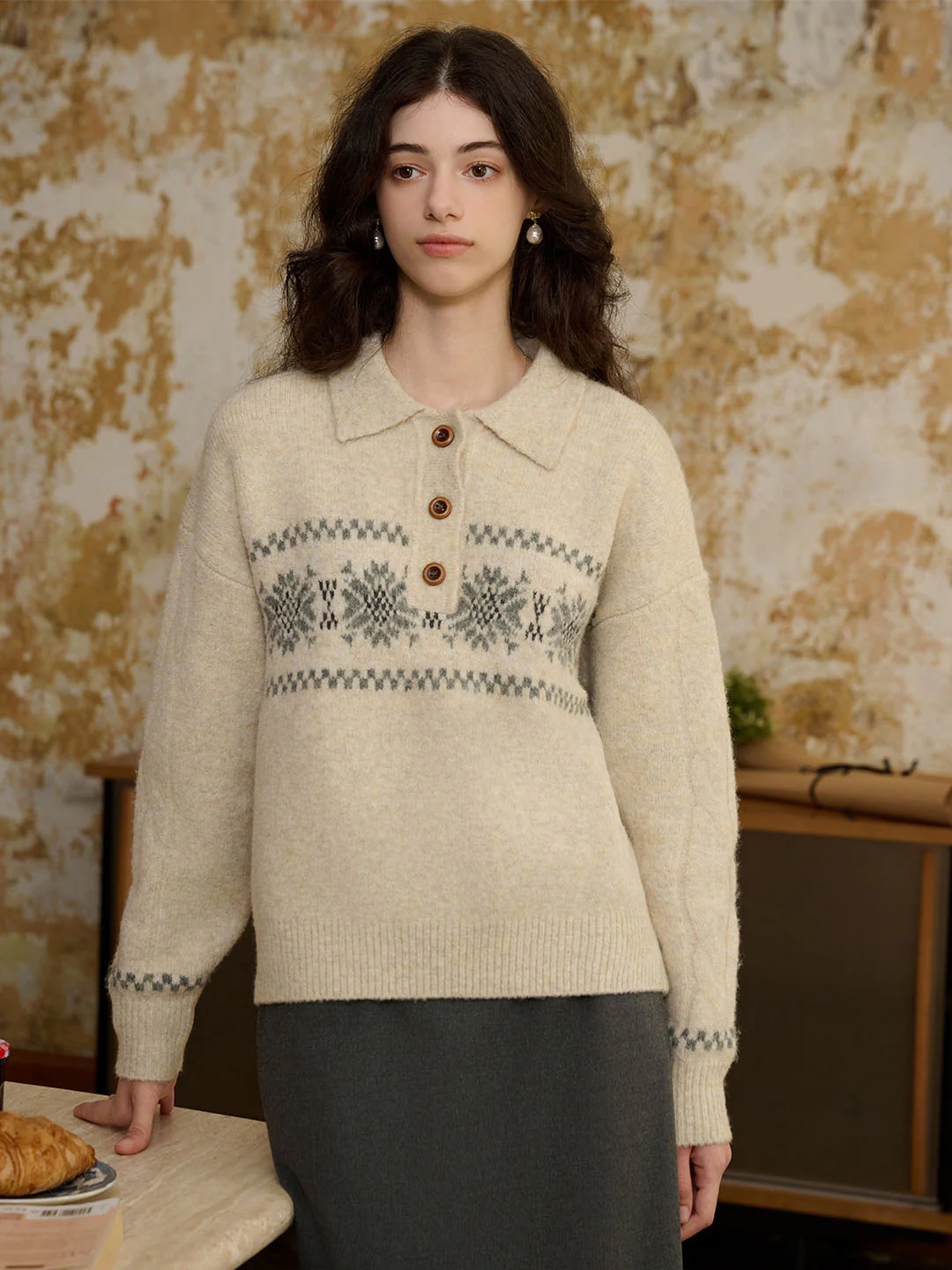 Snowflake Jacquard Polo Fair Isle Knit Sweater