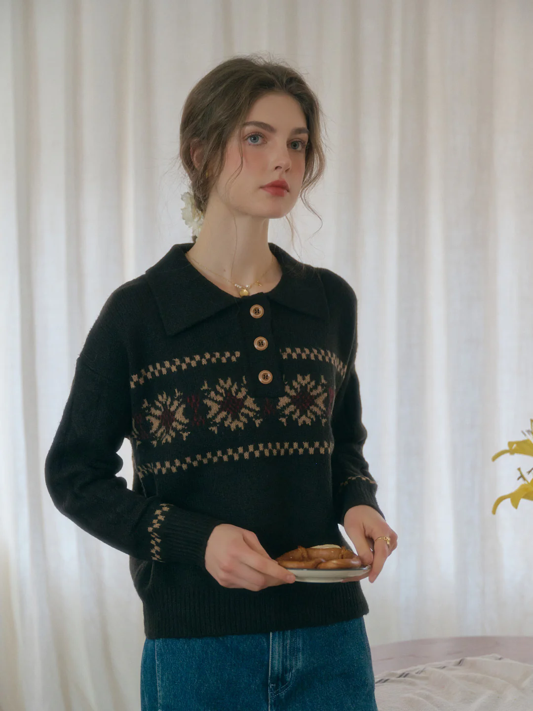 Snowflake Jacquard Polo Fair Isle Knit Sweater