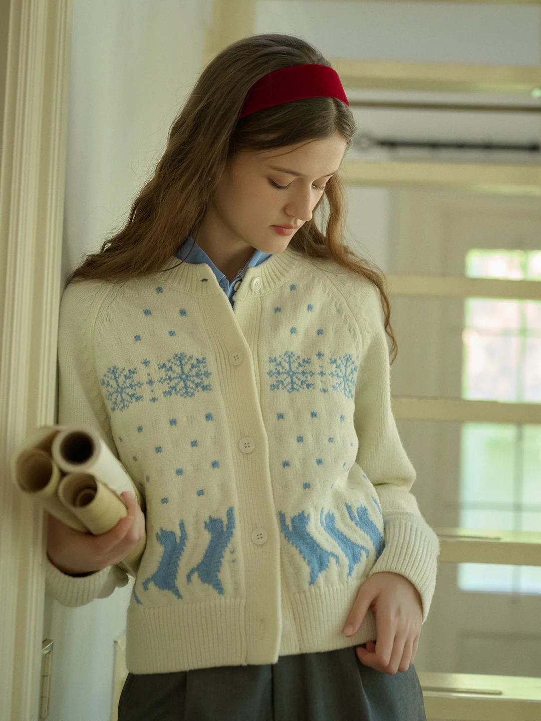 Classic Crew Neck Cat Snowflake Contrast Cardigan