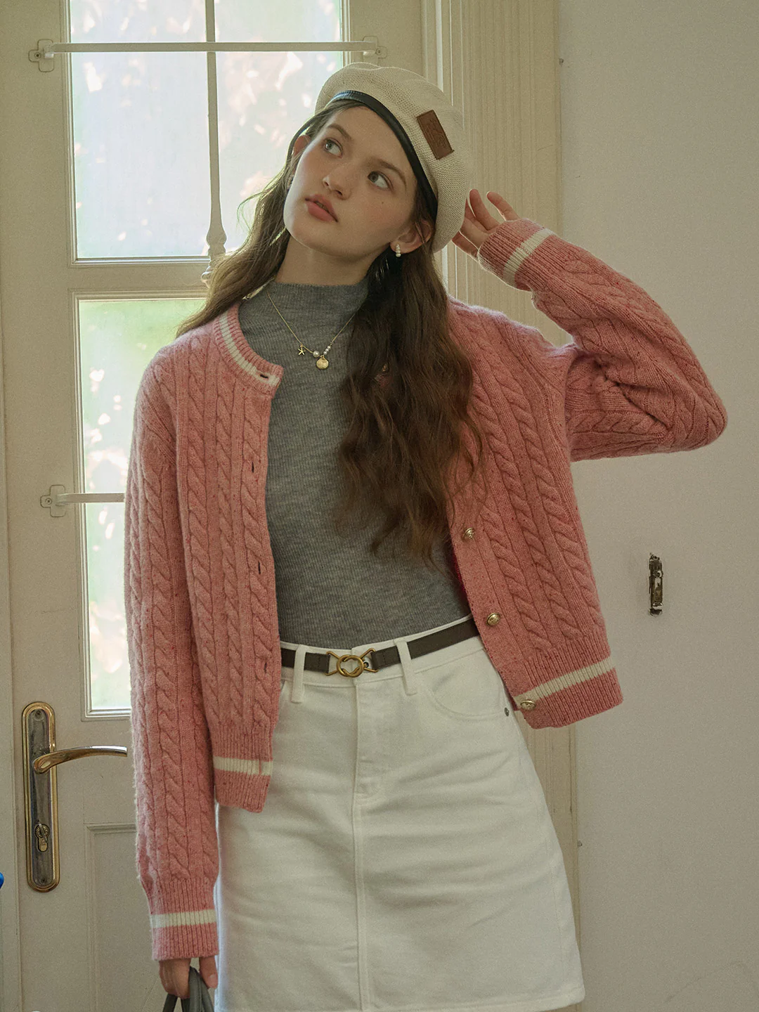 Logo Embroidery Crew Neck Contrast Striped 100% Wool Cardigan