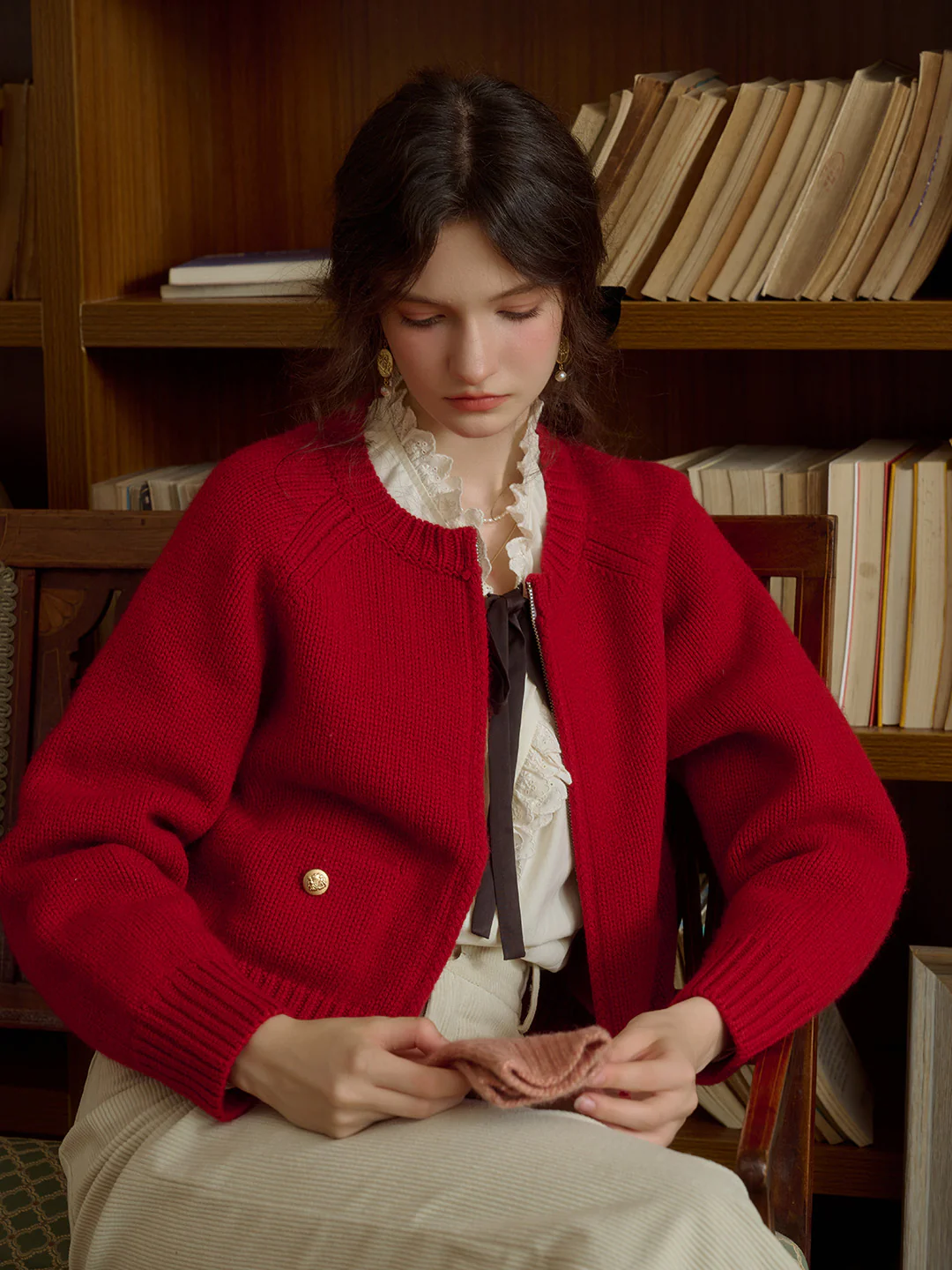 Classic Ribbed Crew Neck Pocket 100% Wool Cardigan-Pink