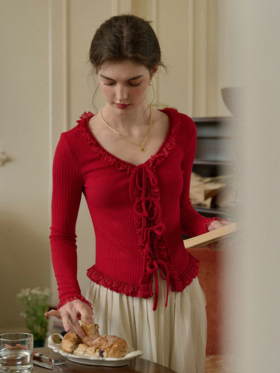 U-neck Bow Lace Patchwork Knitted Cardigan