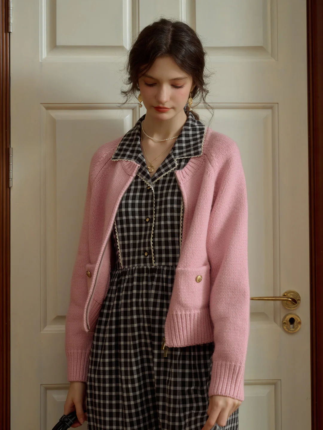 Classic Ribbed Crew Neck Pocket 100% Wool Cardigan-Pink