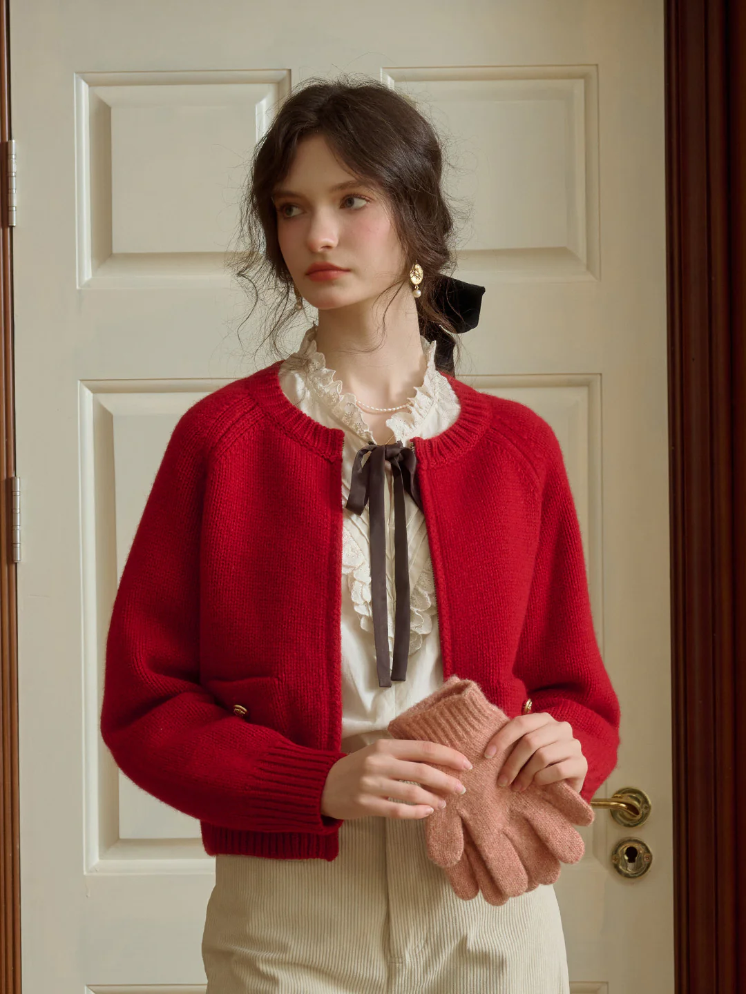 Classic Ribbed Crew Neck Pocket 100% Wool Cardigan-Pink