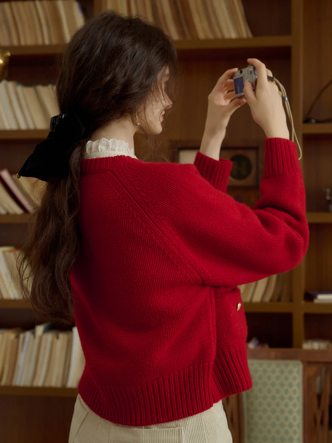 Classic Ribbed Crew Neck Pocket 100% Wool Cardigan-Pink