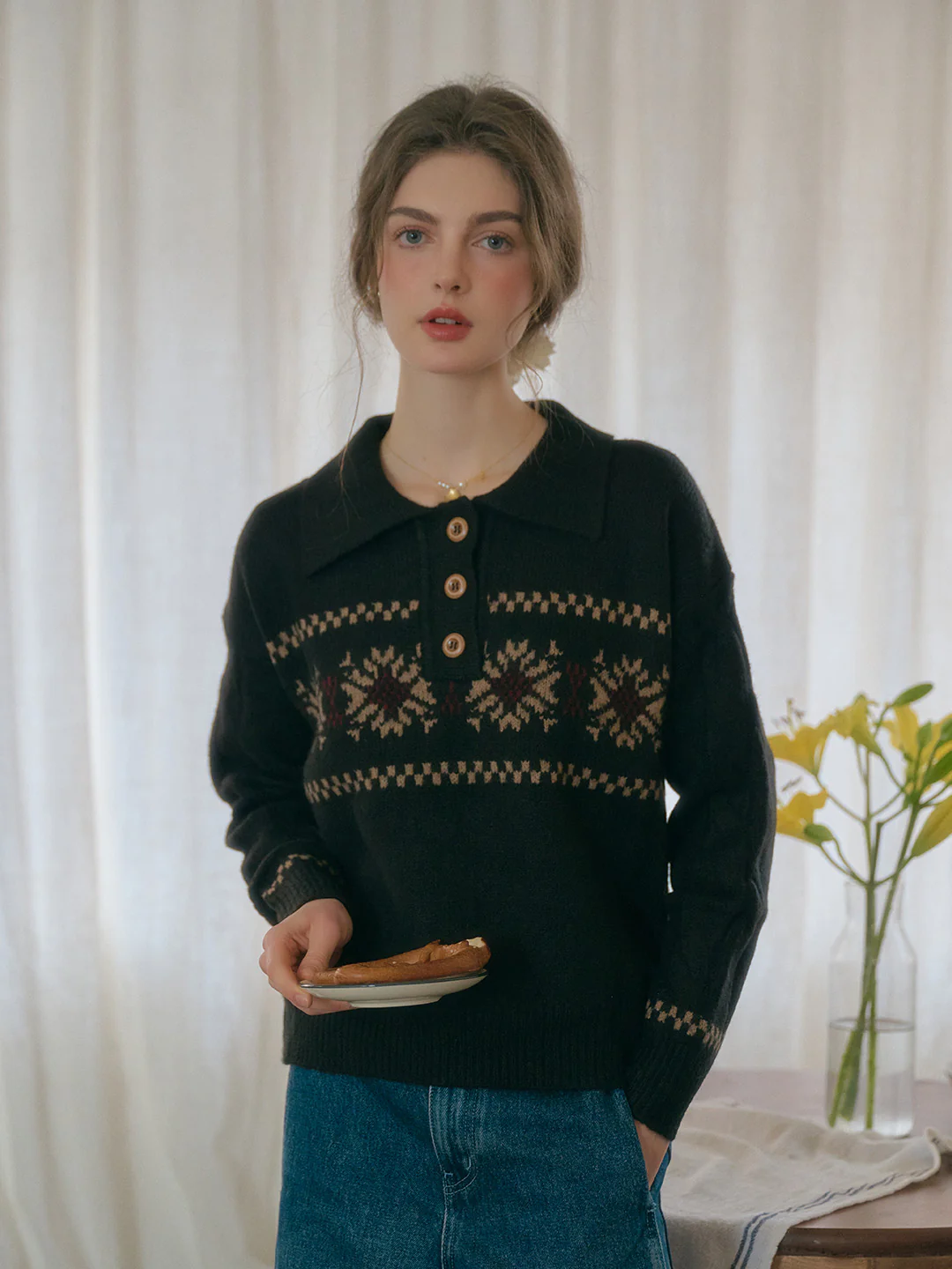 Snowflake Jacquard Polo Fair Isle Knit Sweater