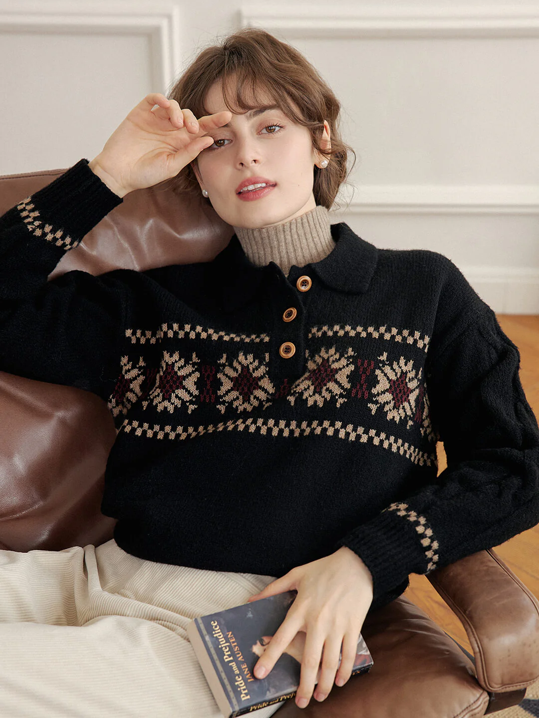 Snowflake Jacquard Polo Fair Isle Knit Sweater