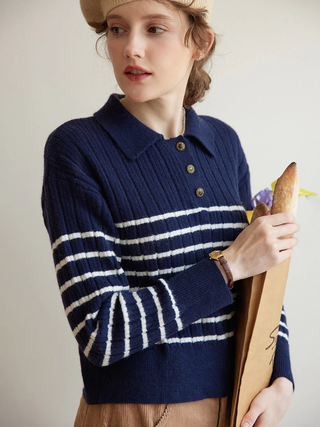 Striped Blue Polo Knit Top