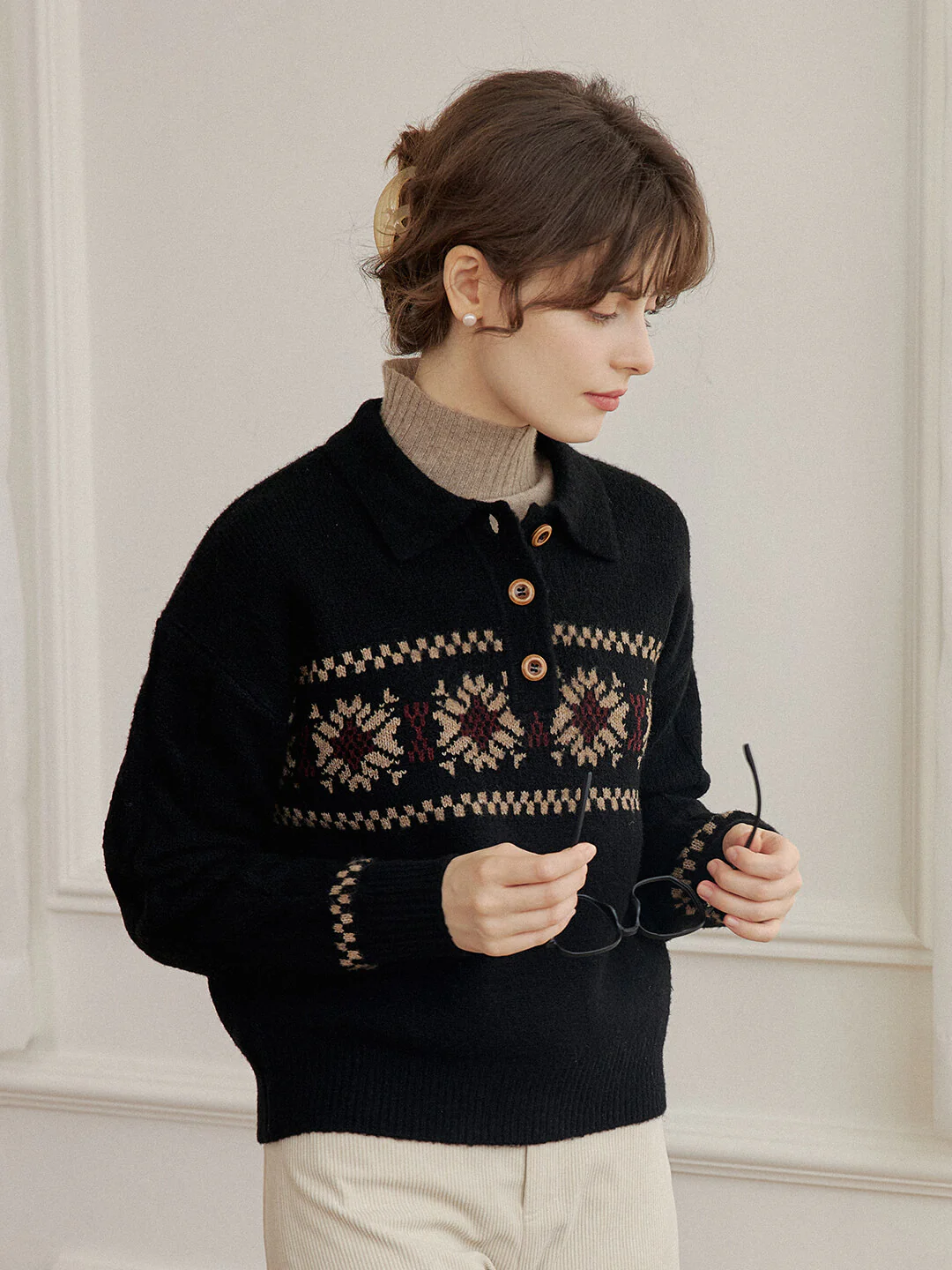 Snowflake Jacquard Polo Fair Isle Knit Sweater